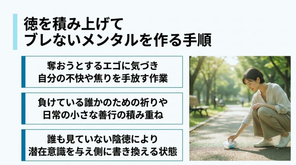 日常の小さな善行で徳を積み上げ、ブレないFXメンタルを作るための具体的な3つの手順をまとめたスライド図解