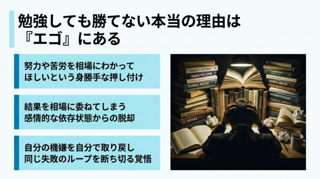FXトレードにおけるメンタル崩壊の原因となる、相場に対するエゴと感情コントロールの欠如を示す図解