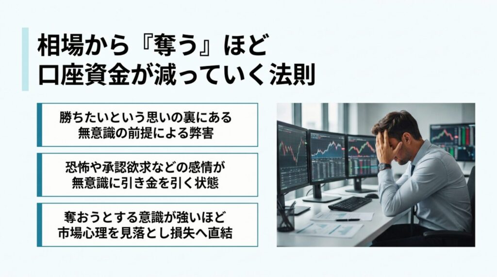 相場から利益を奪おうとするほど口座資金が減る法則と、無意識の前提が引き起こす弊害をまとめたスライド図解