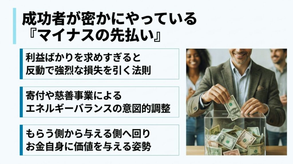FXで成功する人が密かに実践するマイナスの先払いと、エネルギーバランスを意図的に調整する方法のスライド図解