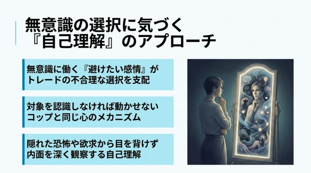 『FXのメンタルを改善するために不可欠な、無意識のバグや感情コントロールの土台となる自己理解のステップ図解』