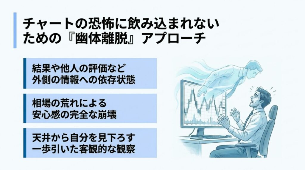 『チャートの恐怖に飲み込まれないための対策として、天井から自分を見下ろす幽体離脱のような客観的アプローチを提案する図解』