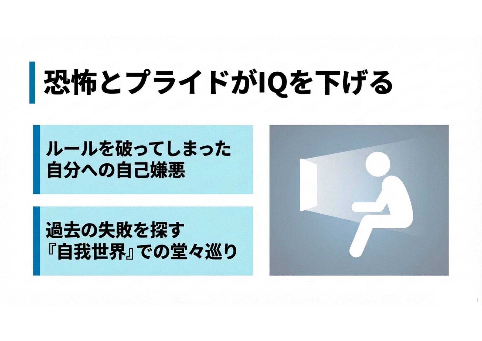 『自分の狭い自我の箱に閉じこもり、失敗の原因探しをしてしまう苦しい心理状態とIQ低下の関係を示す図解。』