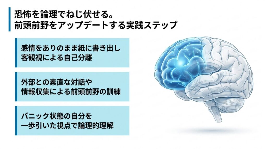 『FXトレードの感情コントロールに必要な前頭前野の訓練方法として、自己分離や外部情報収集などの実践ステップを解説する図解。』