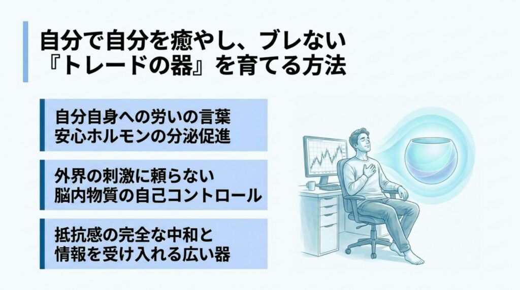 『自分で自分を癒やし、労いの言葉で安心ホルモンを分泌させることで、ブレないトレードの器を育てる方法をまとめたスライド図解』