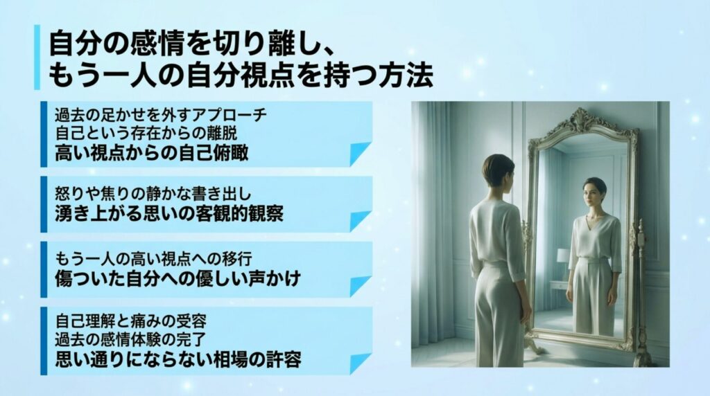 『湧き上がる怒りや焦りを客観的に観察し傷ついた自分へ優しい言葉をかける自己対話の図解』