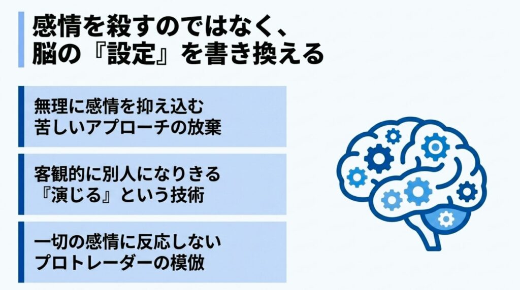 『感情を無理に殺すのではなく理想のプロトレーダーを演じることで脳の設定自体を書き換えるアプローチの図解』