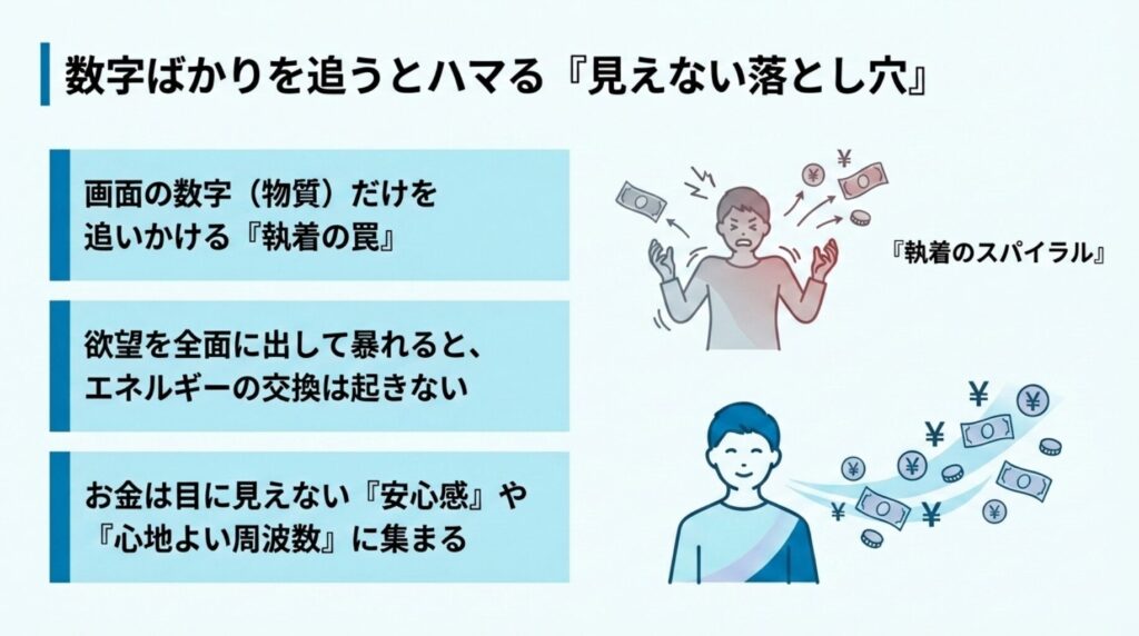 『なんとか取り返したいという執着の罠がトレードを苦しめる理由と、安心感や心地よい周波数にお金が集まる仕組みの図解』