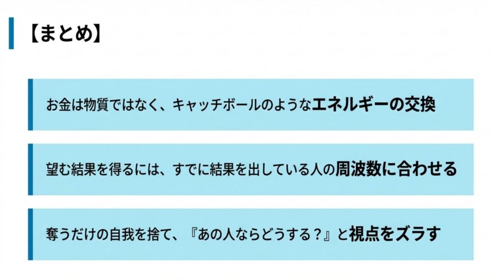 『FXで結果を出すためのエネルギーの法則、勝者の周波数への同調、メンタルコントロールの要点を振り返るまとめのスライド』