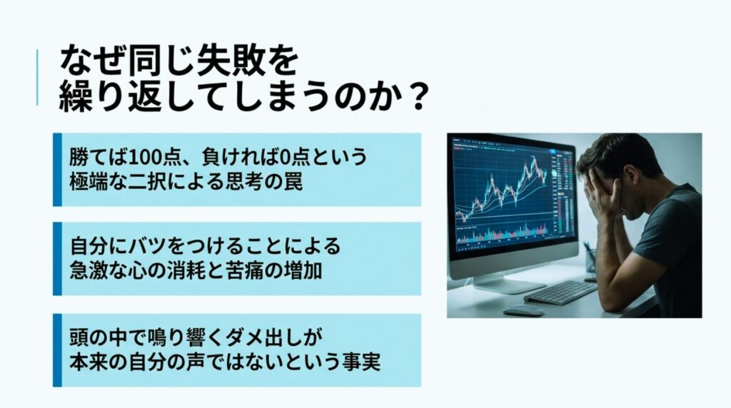 FXのトレード中にマイナスを見てパニックになり、勝ち負けの極端な二択で自分をジャッジして失敗を繰り返すメカニズムの図解