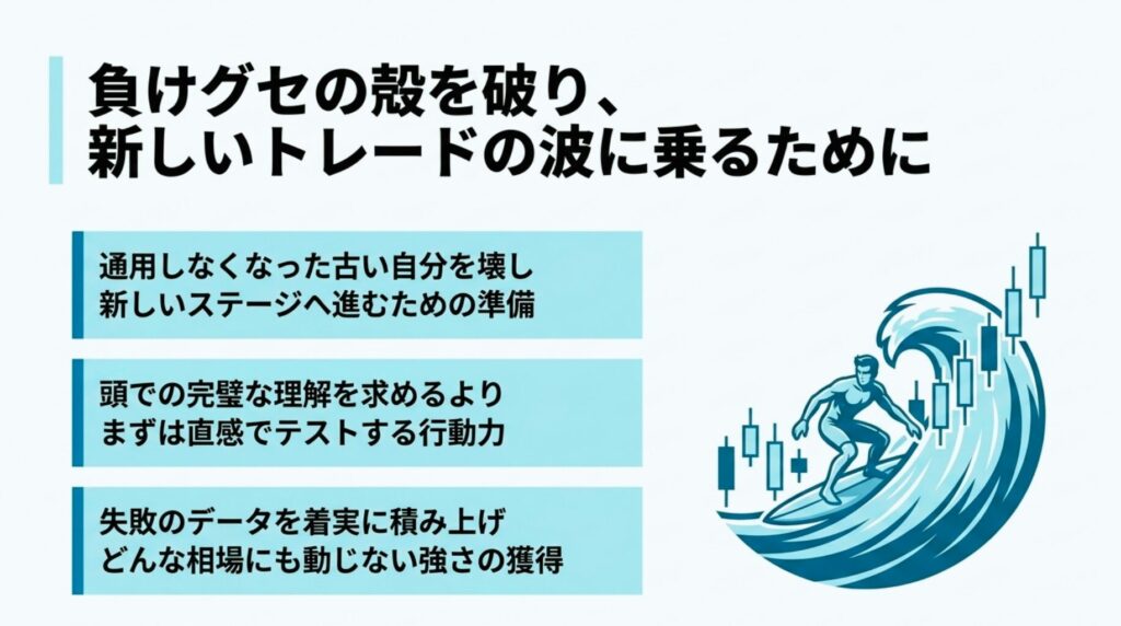 もう一人で悩まないで、古い自分を壊し、直感を信じて新しいトレードの波へと一歩踏み出すためのマインドを図解