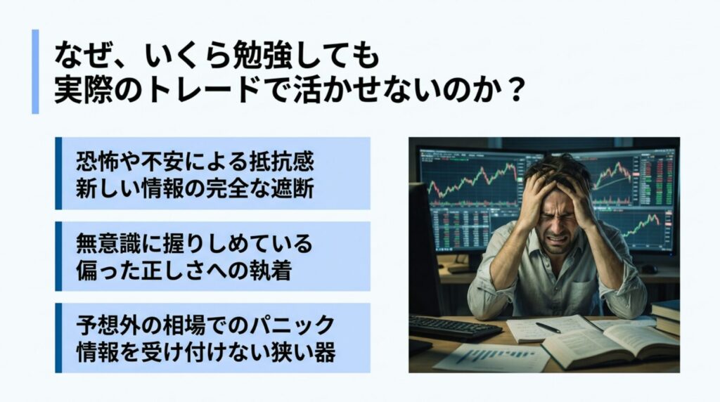 『いくら勉強しても実際のトレードに活かせない理由を、恐怖や不安による抵抗感と偏った正しさへの執着から解説したスライド図解』