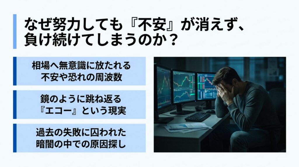 『FXで負け続ける原因となる不安や恐怖の周波数が鏡のように現実へエコーとして跳ね返る仕組みの図解』