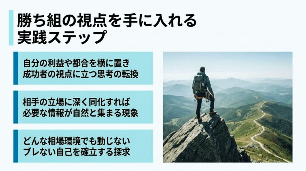 FXで安定して勝つメンタルを作るため、環境を認めて成功者の視点に同化する実践方法の図解