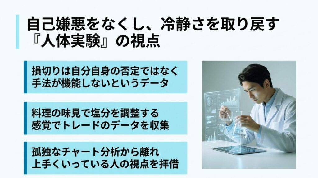 お金が減る恐怖で心が折れそうな時、トレードを人体実験と捉えることで感情の揺れを静める思考法をまとめた図解